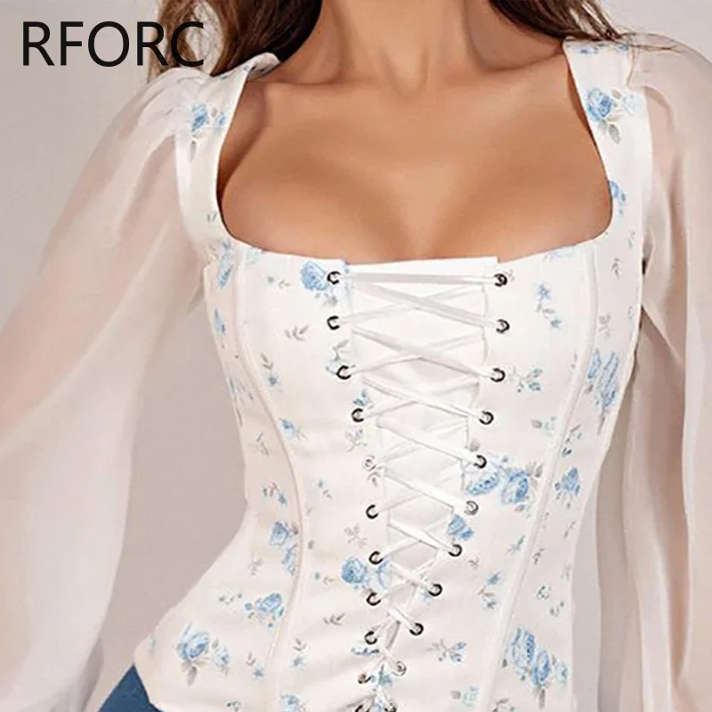 Женская шифоновая блузка с длинным рукавом-фонариком и квадратным вырезом