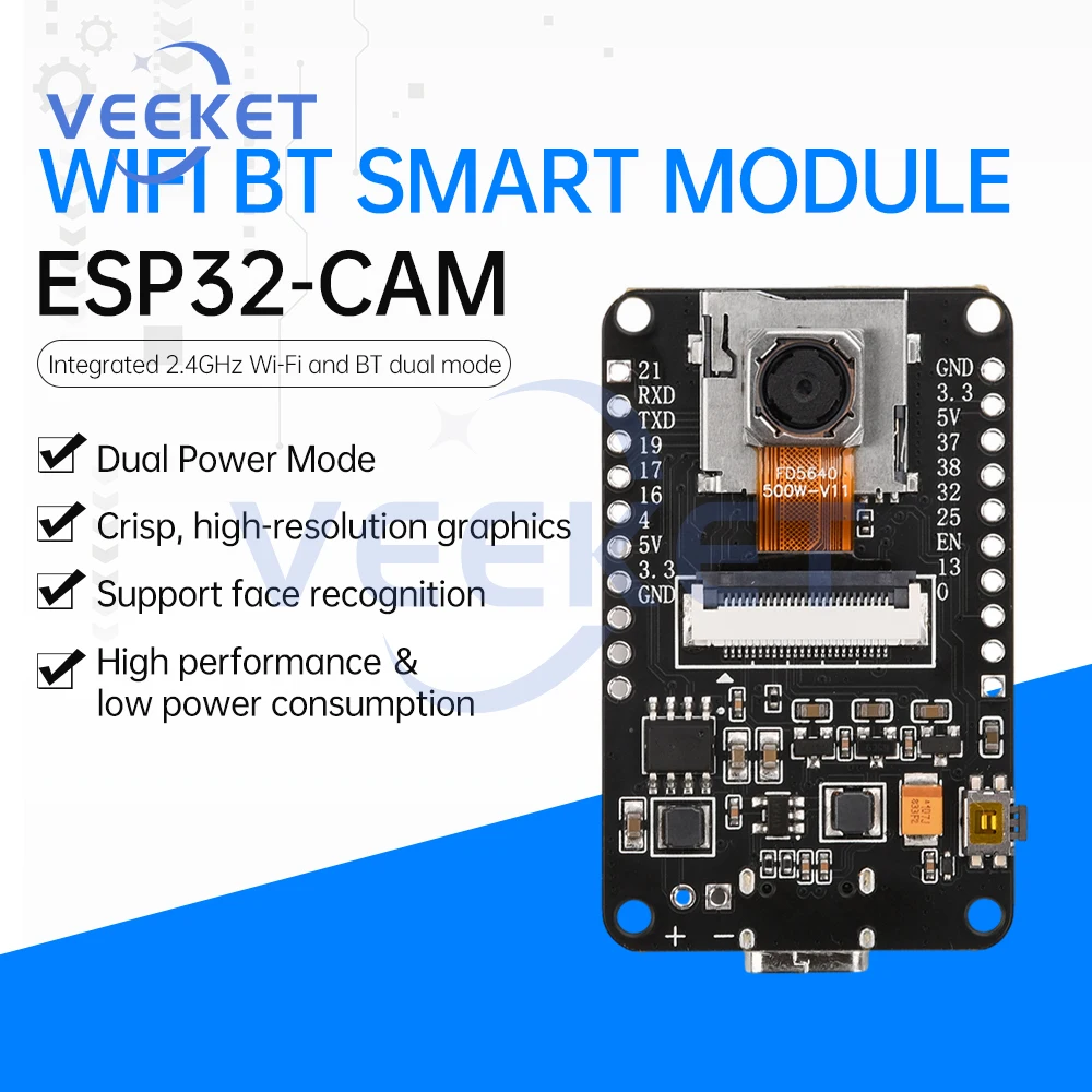Плата разработки ESP32-CAM Модуль Wi-Fi Bluetooth CH340X OV5640 AF-72 мм Камера 500 Вт Пиксель