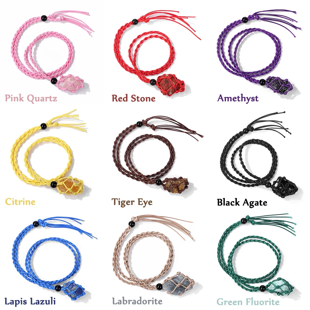 

Colorful Necklace Cord Natural Meditation Stone Holder Wax Rope Necklace Healing Quartzs Crystal Chakra Net Bag Pendant Amulets
