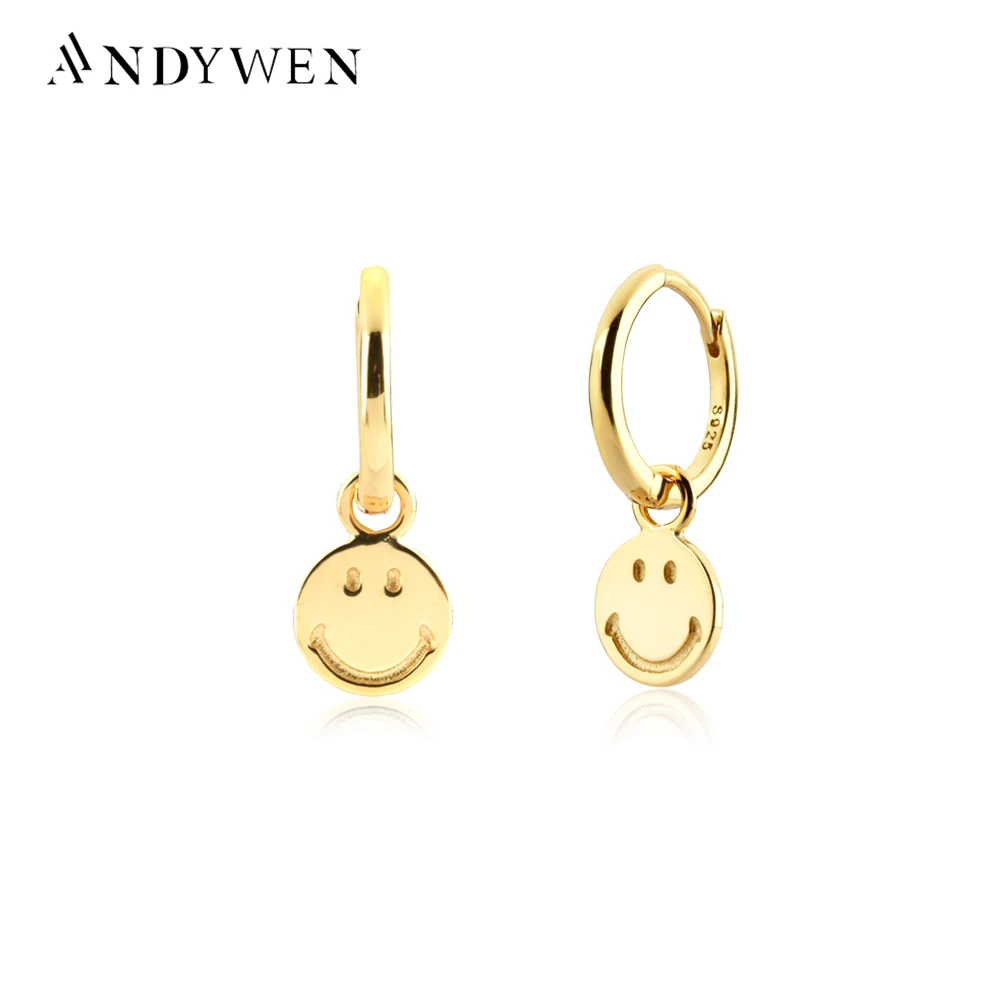 

ANDYWEN New 925 Sterling Silver Gold 8.5mm Pure Smile Happy Face Drop Earring Smiley Clips Piercing Hoops Jewelry Gift For Women