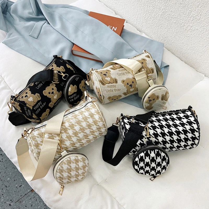 

2pcs Women Composite Shoulder Bags with Mini Round Purse Pendant Vintage Plaid Printing Small Crossbody Bags Sling Bag for Women