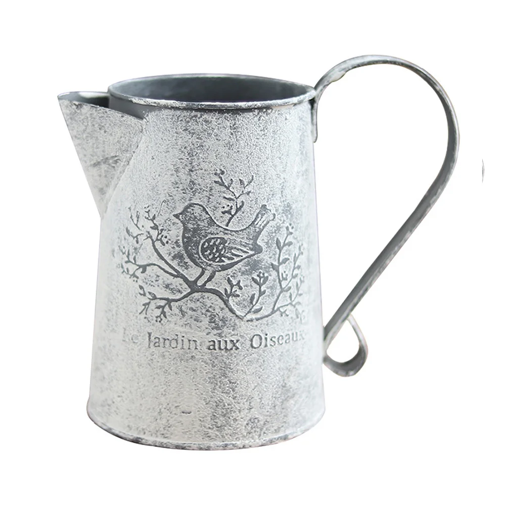 Old Vintage Shabby Home Decor Watering Pot Shape Desktop Bird Print Garden Iron Vase Crafts Easy To Store Flower Galvanised | Дом и сад