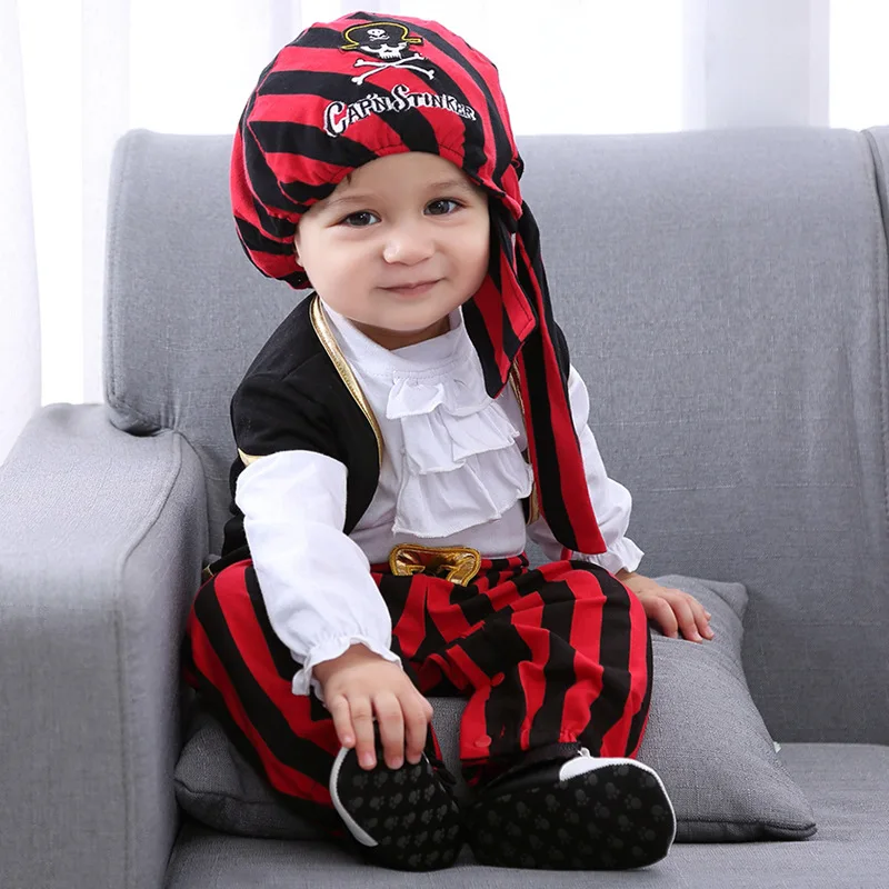 

with Cap Vest Red Knight Pirate Halloween Costume Jumpsuit Stripe Suit baby boy Halloween party dress children kid clothes 3-15M