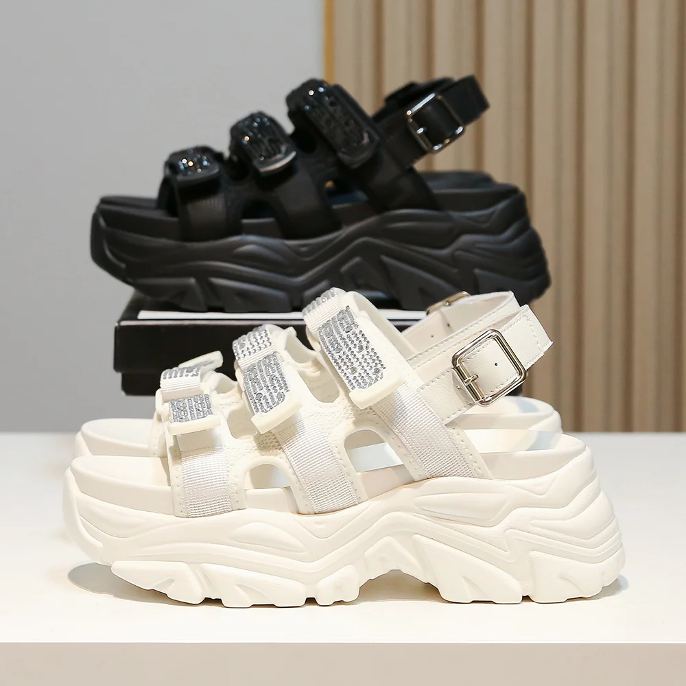 SOMILISS Women Summer Platform Sandals Hook And Loop Fastener Webbing Bright Drill Ladies Fashion Flat Casual Shoes for Women