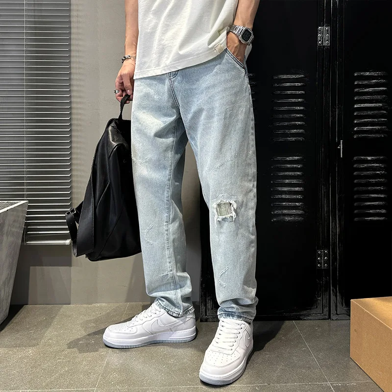 Street Fashion Men Jeans Loose Fit Retro Light Blue Hole Ripped Jeans Men Wide Leg Harem Trousers Designer Hip Hop Pants Hombre