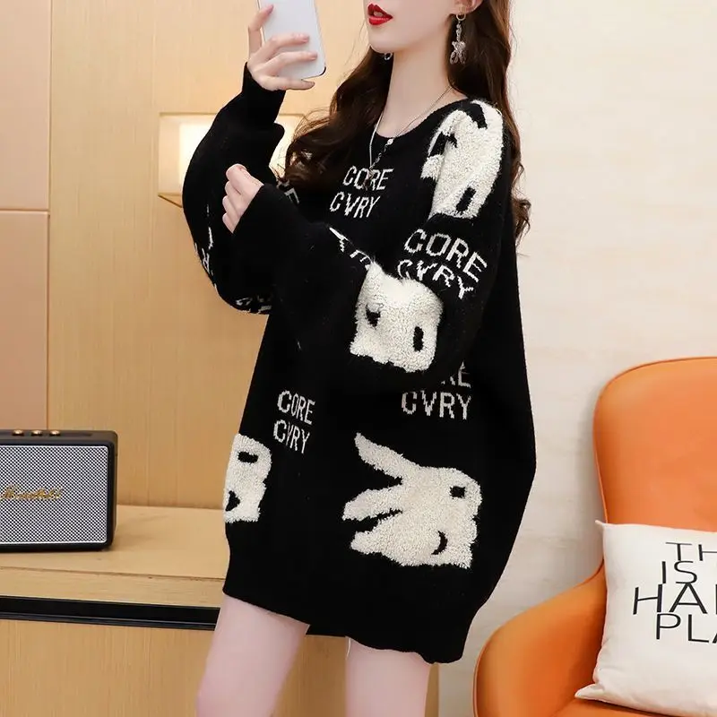 

Autumn and Winter Women's Solid Round Neck Pullover Animal Letter Jacquard Long Sleeve Loose Fit Sweater Fashion Casual Tops