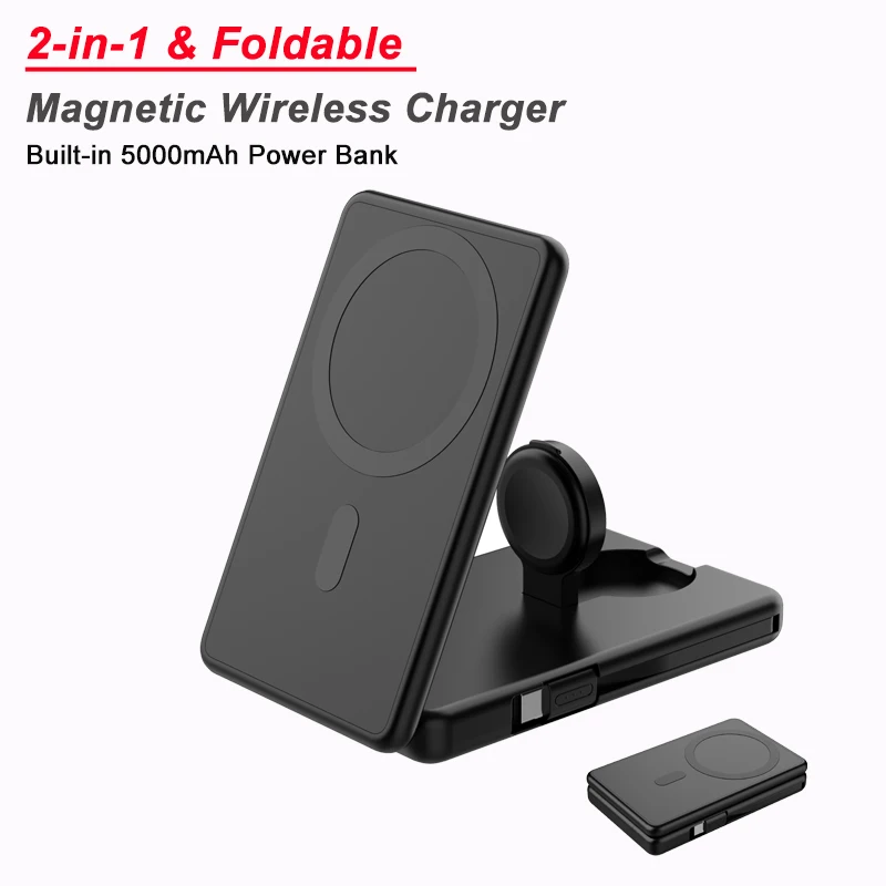 

2-в-1 подставка для беспроводного зарядного устройства с магнитным внешним аккумулятором на 5000 мАч для iPhone 15 14 13 Apple Watch 9, внешний дополнительный аккумулятор