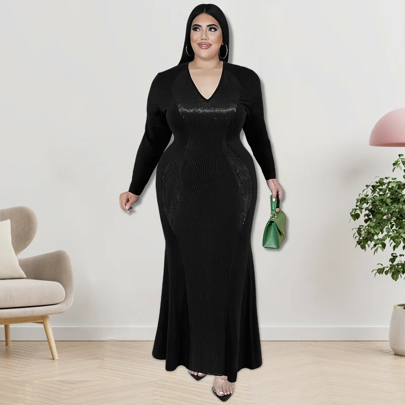 Plus Size 2023 Elegant Glitter v Neck 4xl 5xl Dress Sexy Long Sleeve Club Fashion Evening Party Dresses Autum 3xl 4xl 5xl 6xl