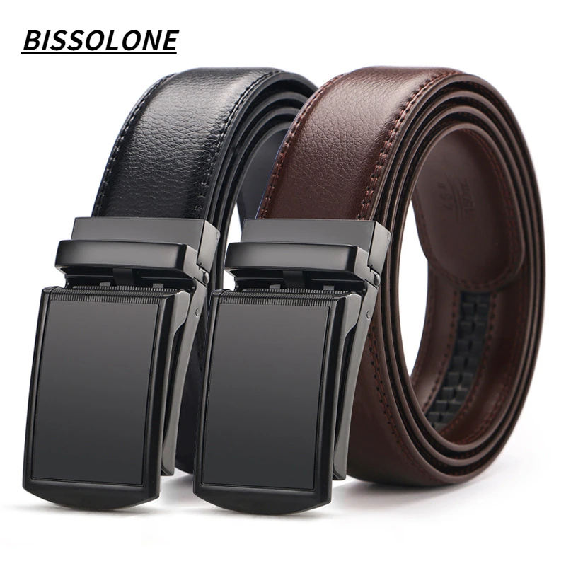 

BISSOLONE Men's Leather Belt Alloy Automatic Buckle Adjustable Genuine Leather Black Belts Cow Leather Belt for Men 3.5cm Width
