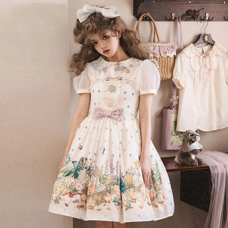 Купи Japanese Sweet Kawaii Lolita Dress Pete Rabbit Bow Cute Jsk Suspender Dress Fairy Dress Goth Lolita Kawaii Dress за 1,210 рублей в магазине AliExpress