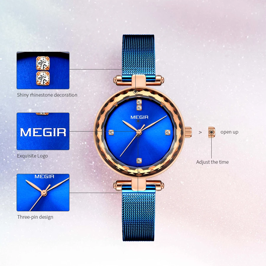 Часы MEGIR женские кварцевые со стальным сетчатым браслетом роскошные