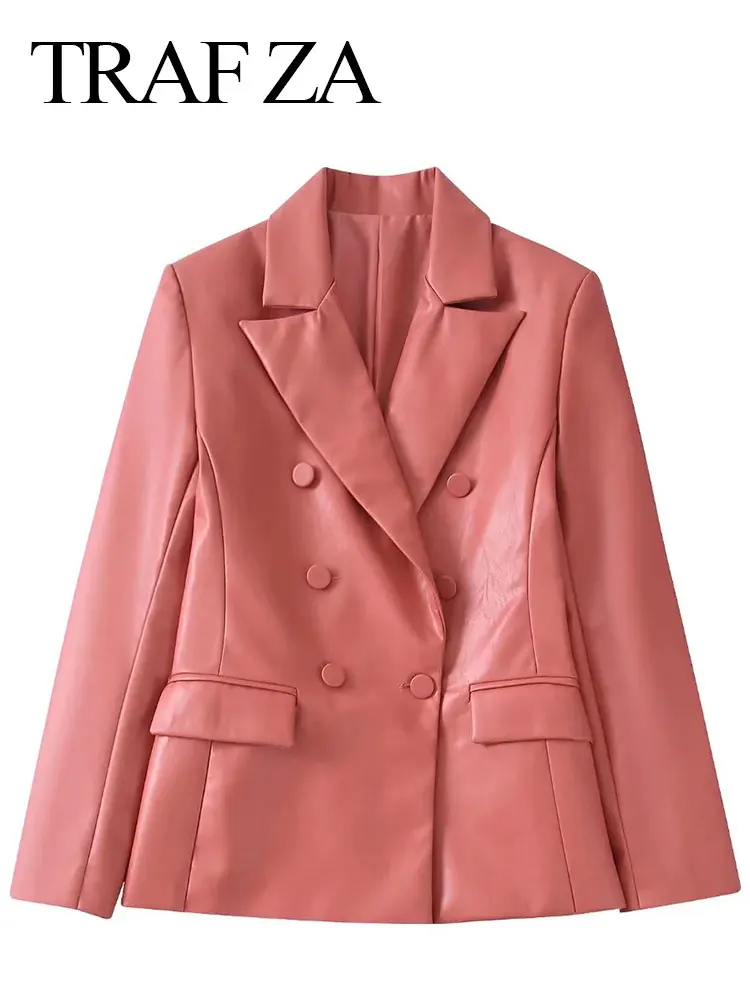 

TRAF ZA Pink Commuter Double Breasted Slim Fit Lady Formal Suit Top Premium Light Soft Leather Neutral Simple Women's Blazer
