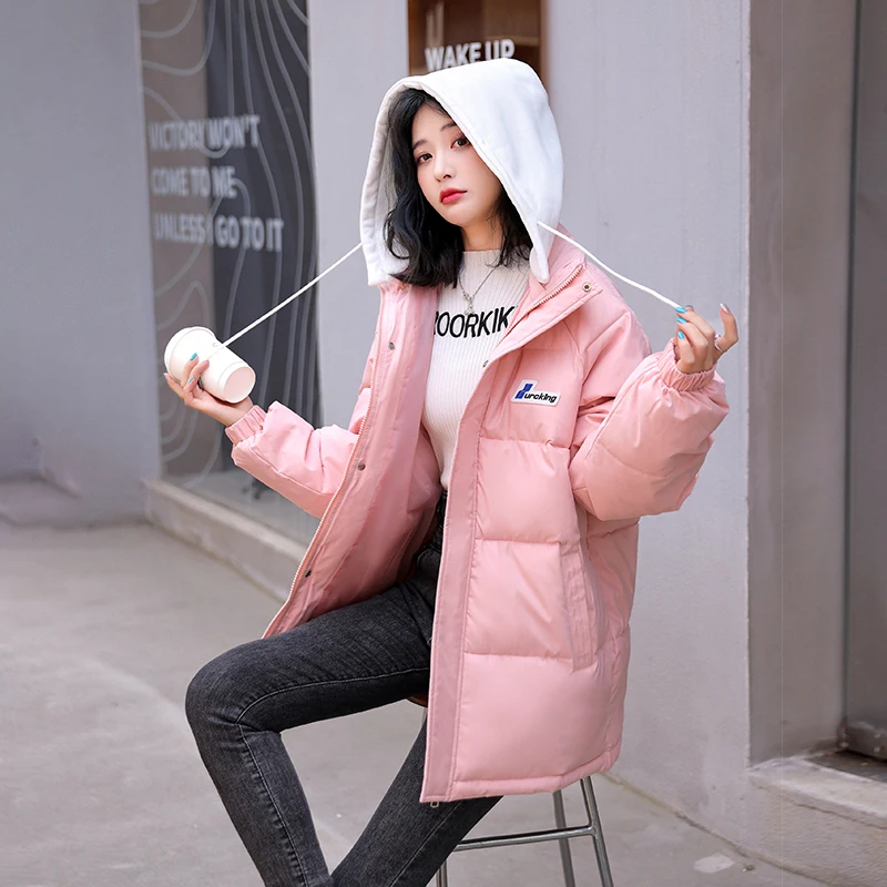 2022 New Autumn Winter Women Jacket Hooded Flash Powder Short Parkas Cotton Padded Winter Clothes Casual Coat Female