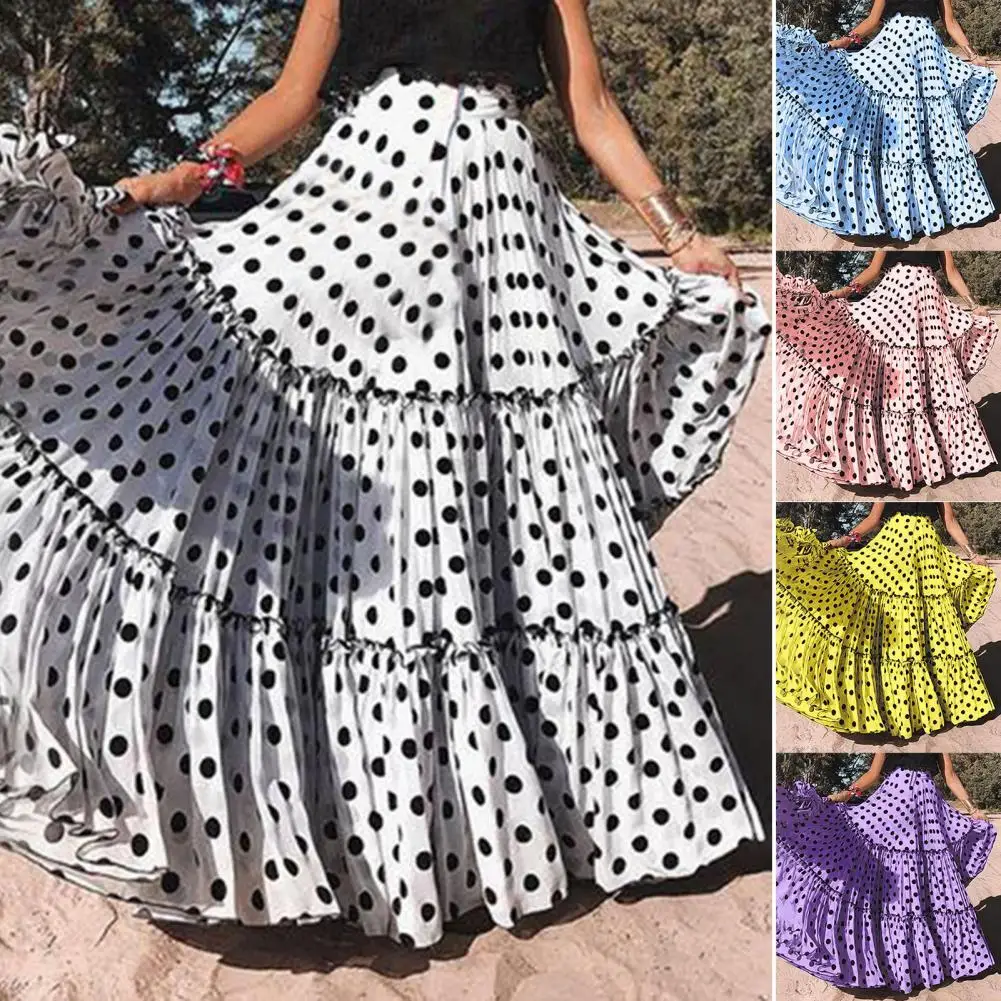 

Women Skirt Patchwork Pleated Multi Color Dot Print Long Skirt for Holiday M, L, XL, 2XL, 3XL, 4XL