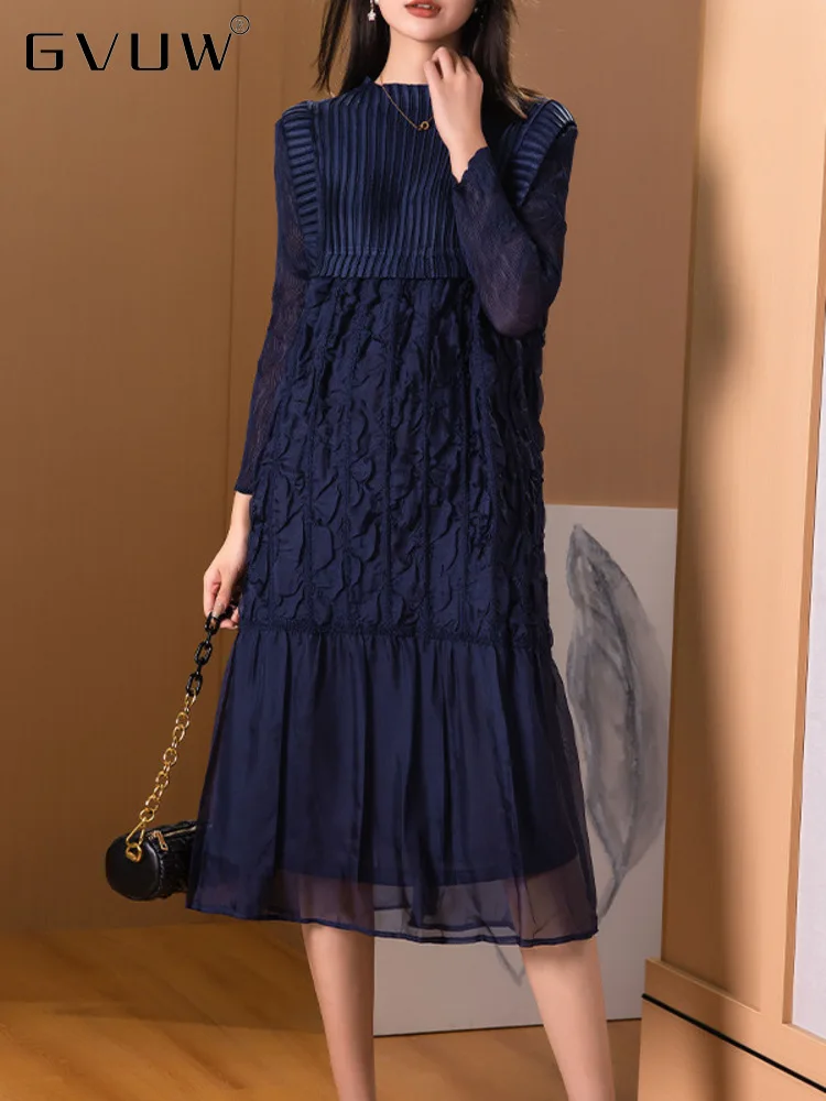 

Плиссированное Платье GVUW в стиле пэчворк, Женская свободная модная одежда контрастных цветов с круглым вырезом и длинным рукавом, новинка в...