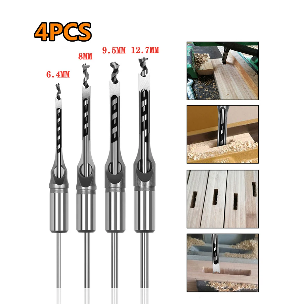 

4Pcs HSS Twist Drill Bits Woodworking Drill Tools Kit Set Square Auger Mortising Chisel Drill Set Square Hole Extended Saw
