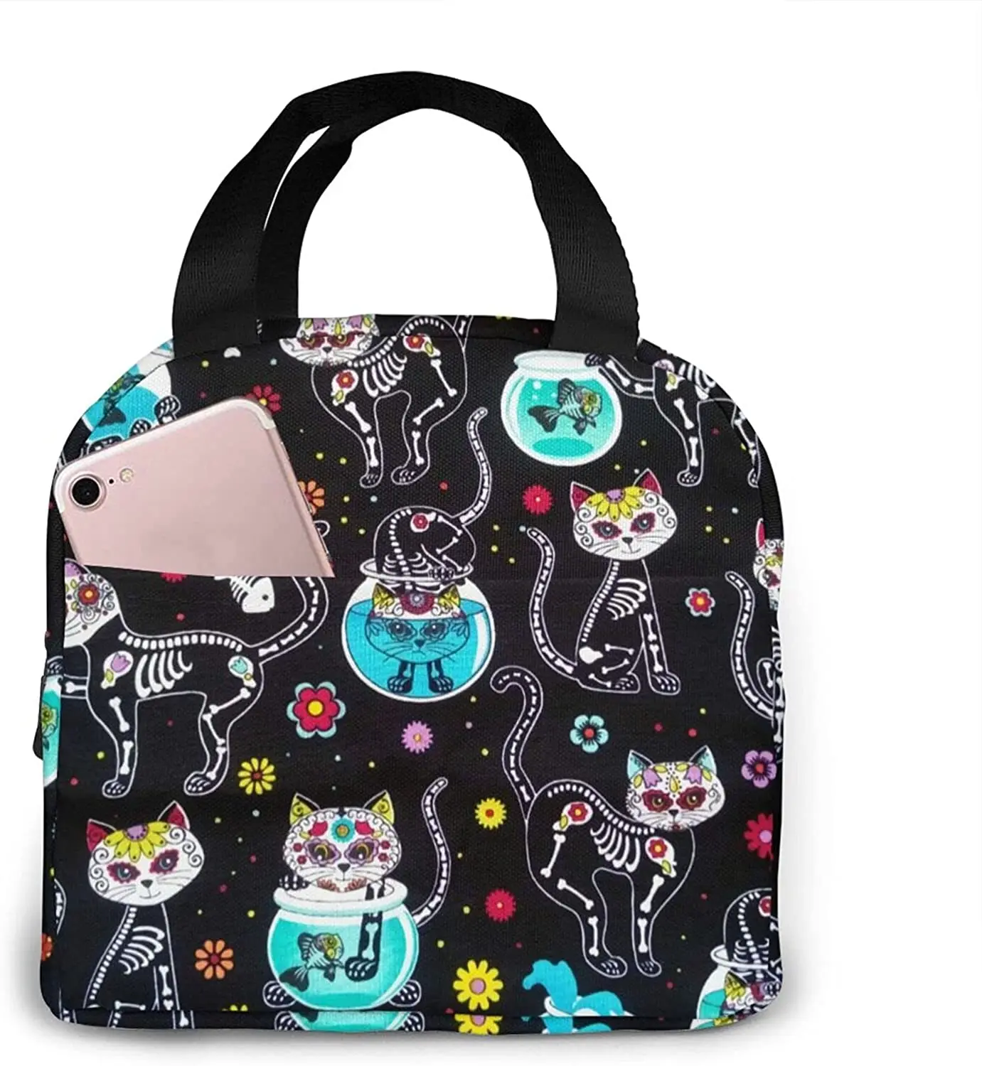 

Lunch Bag Box Day of the Dead Sugar Cats Tote Reusable Water-resistant for Women Men Boys Girls for Office School Travel