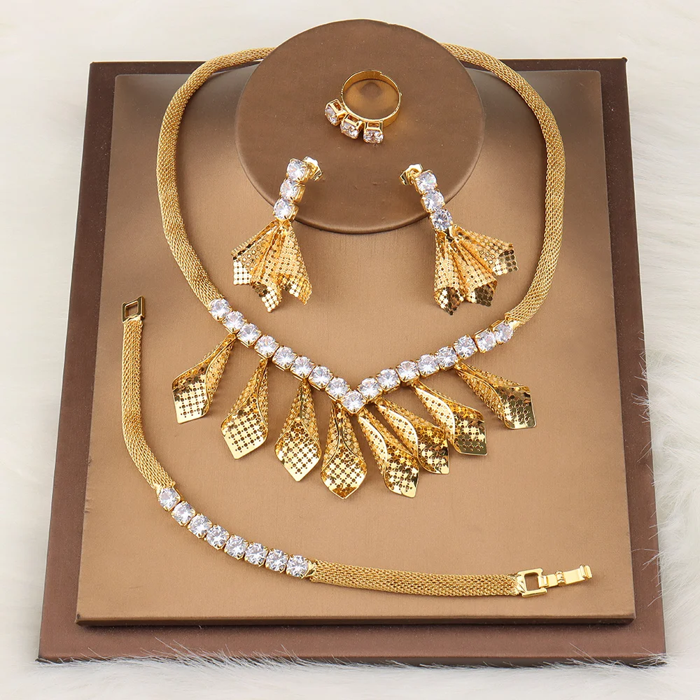 

Dubai Gold Plated Jewelry Sets for Women African Earrings Crystal Stone Ring Necklace Bracelet Luxury Jewelry Set for Party Gift