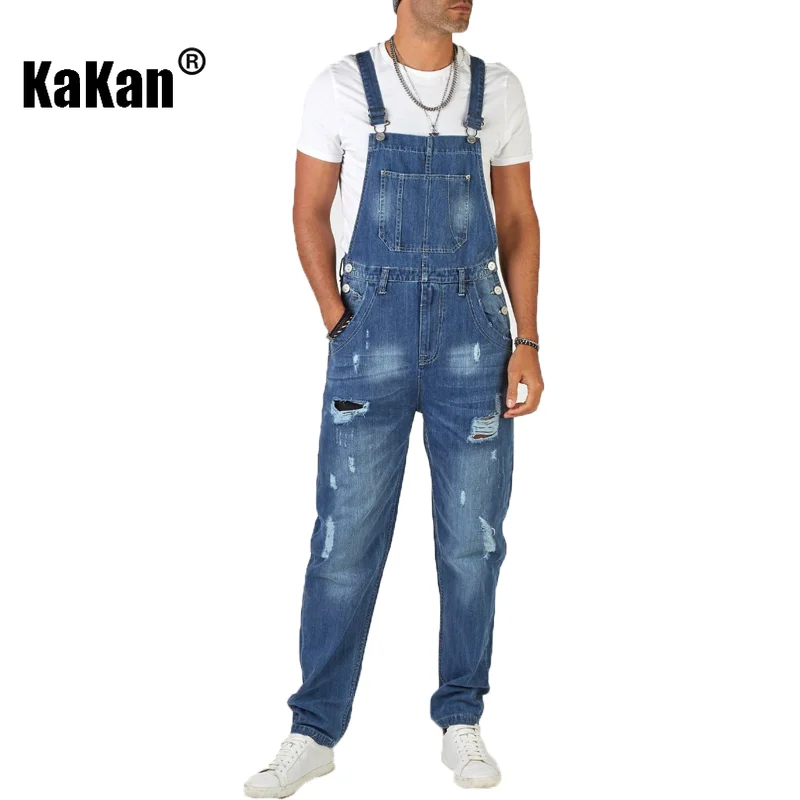 Kakan - New European and American Street Trendsetter with Torn Shoulder Strap Jeans, Dark Blue Men's Long Jeans K34-668