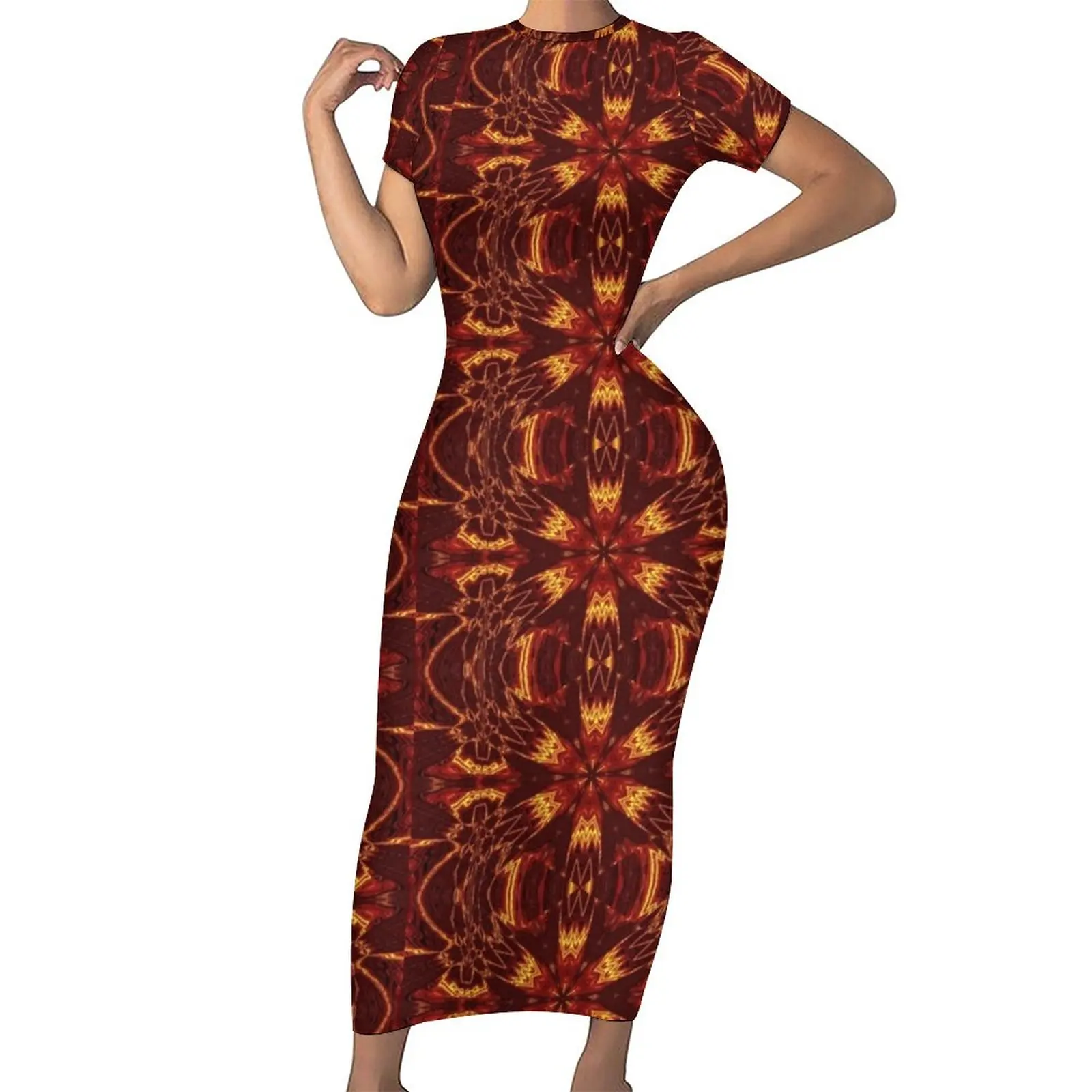 

Aztec Sun Fire Dress Ladies Abstract Design Aesthetic Bodycon Dress Short Sleeve Kawaii Maxi Dresses Design Oversized Clothes