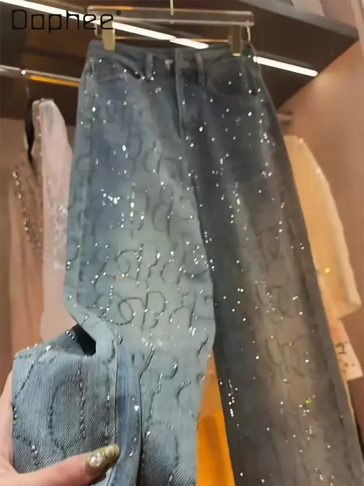 Женские джинсовые широкие джинсы с высокой талией и стразами