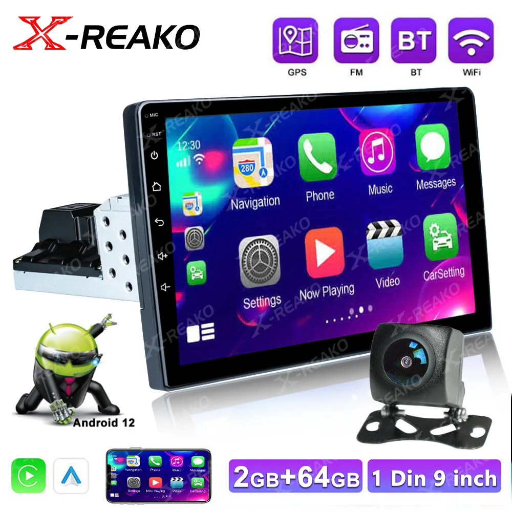 

X-REAKO 1 Din 9'' Android 12 2+64G Car Multimedia Player Carplay GPS Navigation BT Car Audio Wifi USB MirrorLink FM Stereo