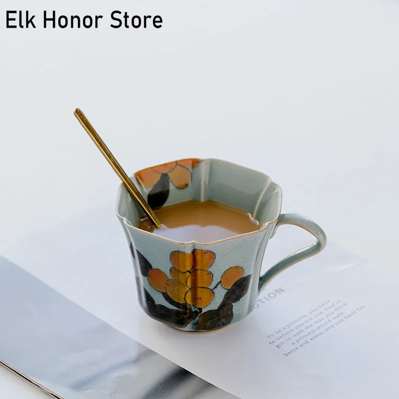190ML Borneol Glaze Tea Cup Pure Hand-painted Loquat Ceramic Small Mug Household Breakfast Japanese Master Milk Gift