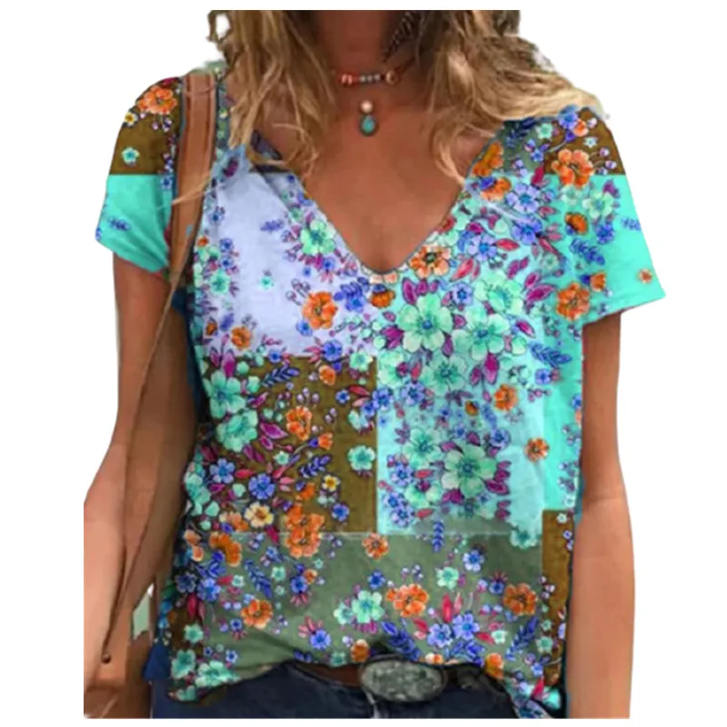 

2021 New Summer Floral Print T Shirt Women V-Neck Short Sleeve Loose Plus Size Shirt Fashion Ladies Oversize Tops Tee Streetwear