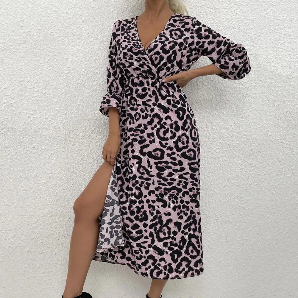 

V Neck Long Sleeves Elastic Waist Tight High-Waist Split Hem Midi Dress Spring Autumn Sexy Leopard Print Holiday Dress Streetwea