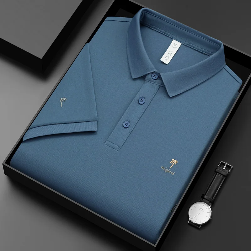 

Мужская хлопковая рубашка-поло, приталенная рубашка-поло из 2023 хлопка с вышивкой дерева, в Корейском стиле, лето 70%