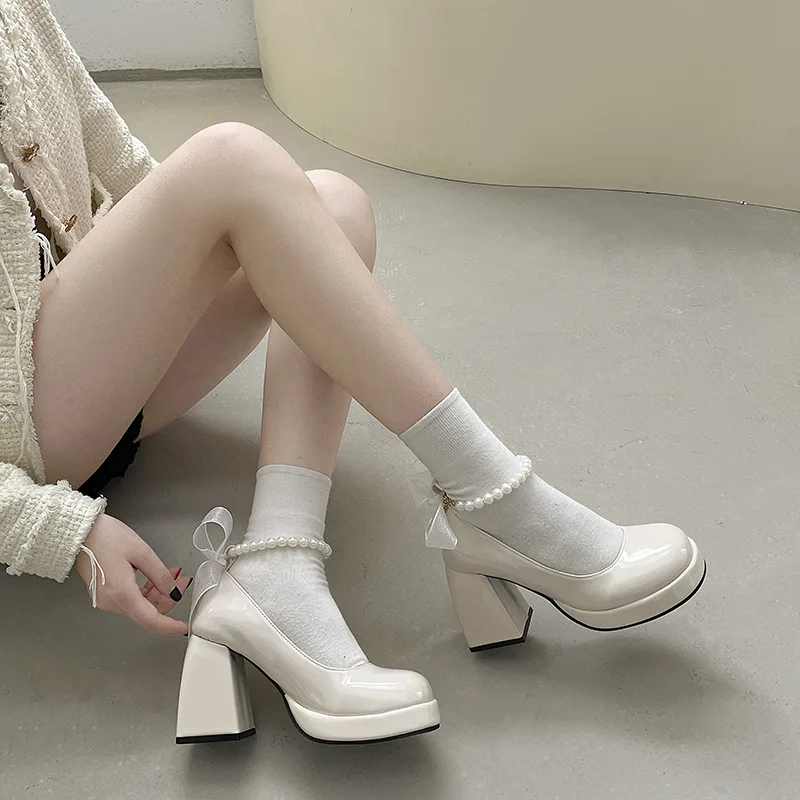 New Mary Jane Women Pumps Lolita Round Toe Shoes Ladies Thick High Heels Shoes Female Spring Fashion Genuine Leather Shoes Woman