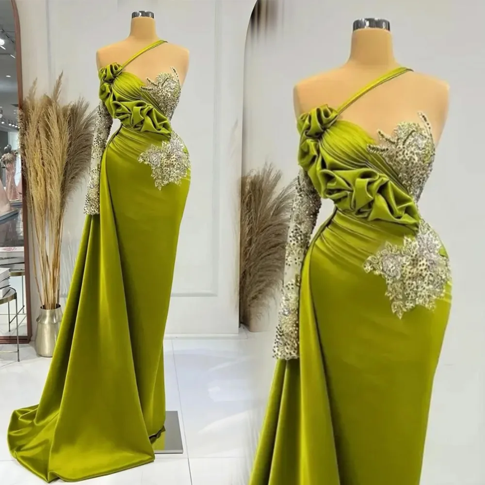 

New Evening Dresses Mermaid One-Shoulder Long Sleeve Floor-Length Sweep Train Beaded Applique Satin long Illusion Custom
