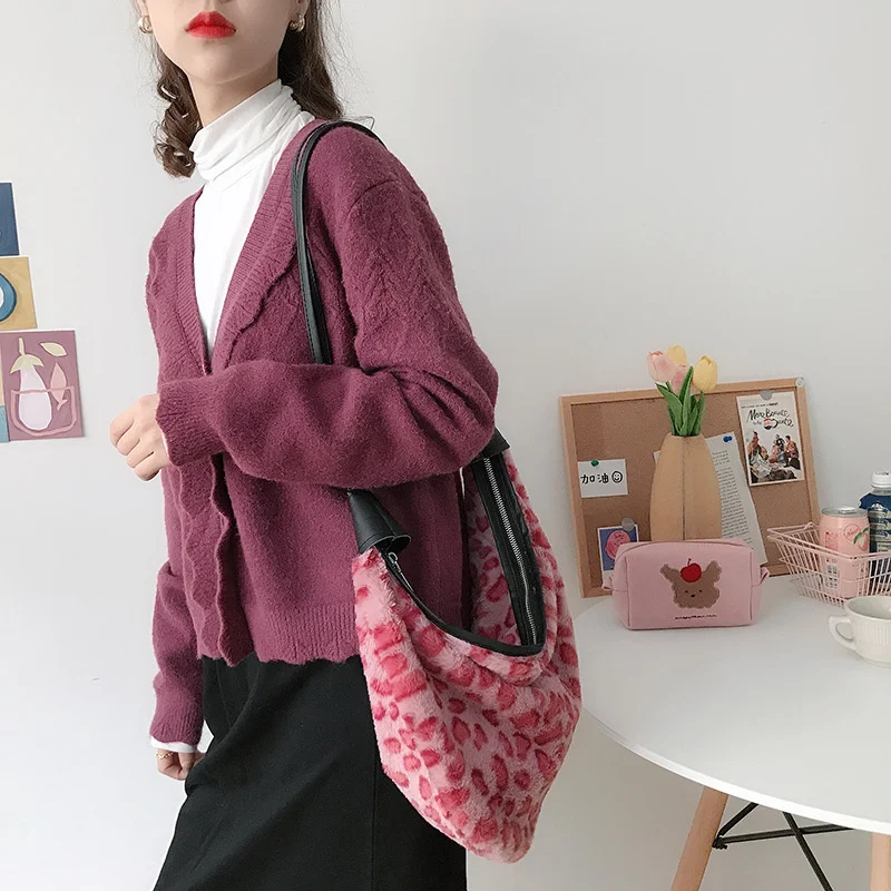 

Soft Plush Leopard Women Messenger Bag Fashion Student Girls Shoulder Bag Vintage Design Ladies Furry Hobos Handbags Casual Tote