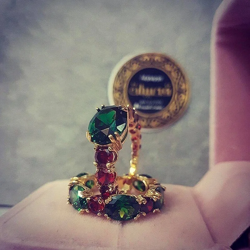 

Luxury Gold Color Hip Hop Ring for Women Trendy Inlaid Red and Green Zircon Stones Wedding Rings Set Engagement Bridal Jewelry
