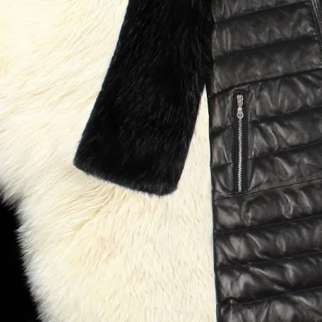 Women's Leather Fur Coat Fashion Stitching PU Leather Imitation Fur 3/4 Sleeve Coat Overcoat Top for Women Faux Fur Coat