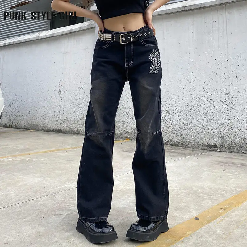 

Punk Grunge Cargo Jeans Women Teens 90s Gothic Wide Leg Denim Pants Female Vintage Harajuku Low Waist Trousers Mom Straight Pant