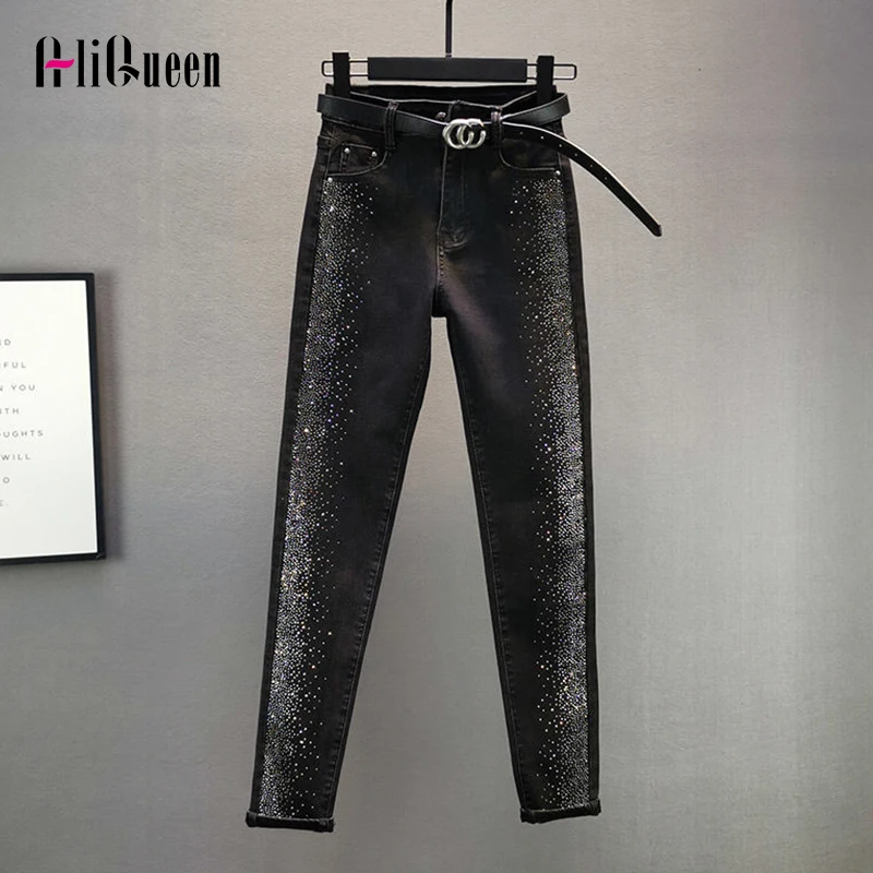 

Джинсы женские с завышенной талией, винтажные узкие брюки из денима до щиколотки, со стразами, уличная одежда, черные синие, 3XL, весна-осень
