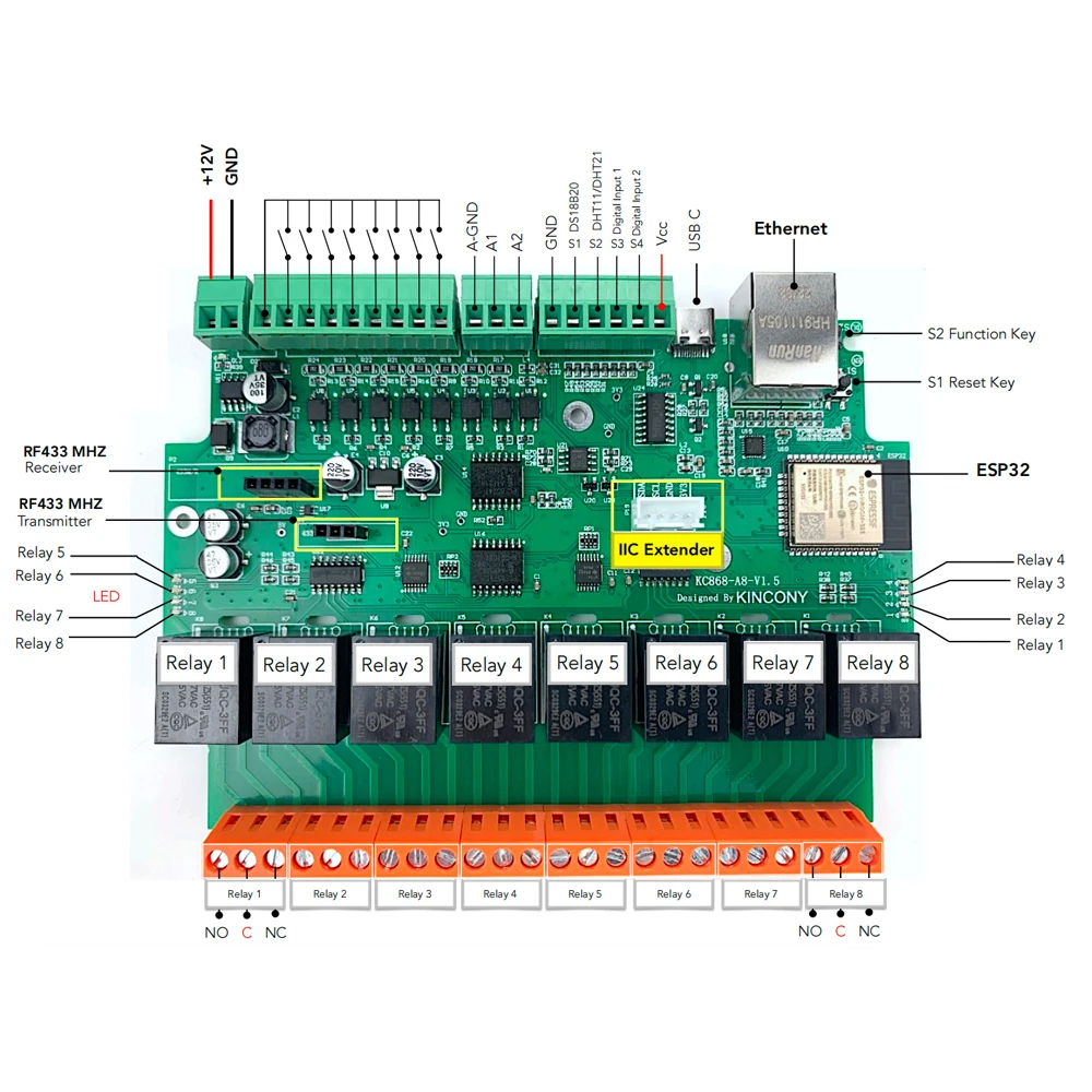 Kincony A8 Модуль Автоматизации умного дома контроллер WiFi Ethernet реле ESP32 RF дистанционный регулятор яркости MQTT TCP Web HTTP Tasmota