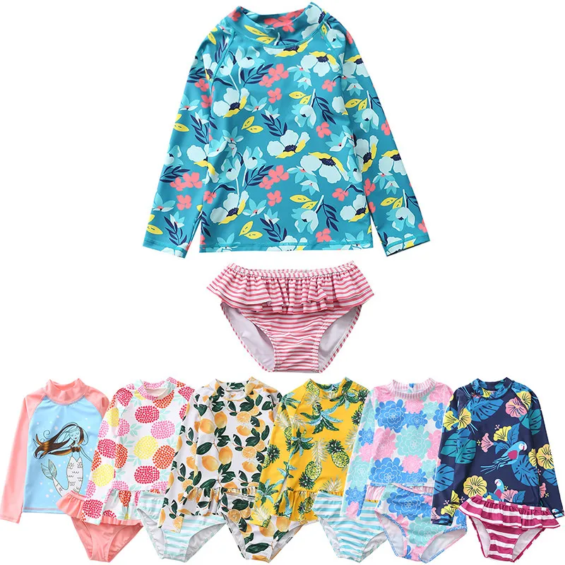 

Swimsuit Girl Two Pieces Floral Children's Bathing Suit Long Sleeve Rash Guard Tankini Set Girls Swimwear Beach Swim Surf Wear