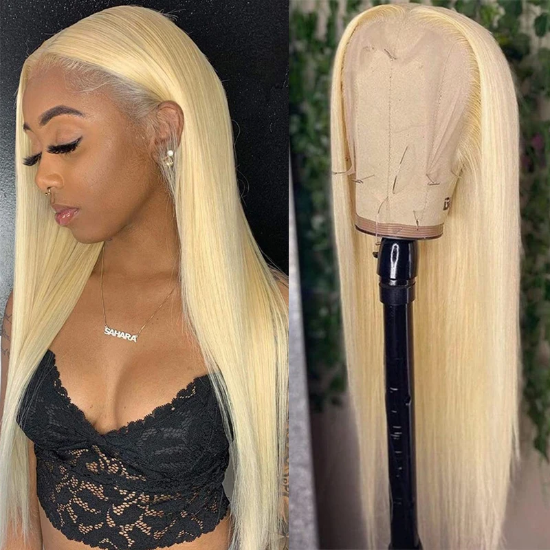Blonde Straight Mixed Human Hair Blend Synthetic Wig Pre Plucked With Baby Hair Transparent Lace Glueless 13x4 Lace Front Wig