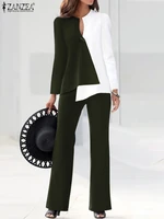 zanzea femme summer matching sets long sleeve contrast color v neck button blouse bohemian elegant elastic waist party pant suit
