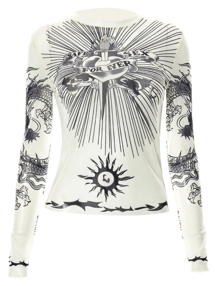 

Goth Dark гранж Эстетическая сетка женские облегающие футболки Готический принт с черепами панк сексуальные прозрачные топы E-girl уличная одежд...