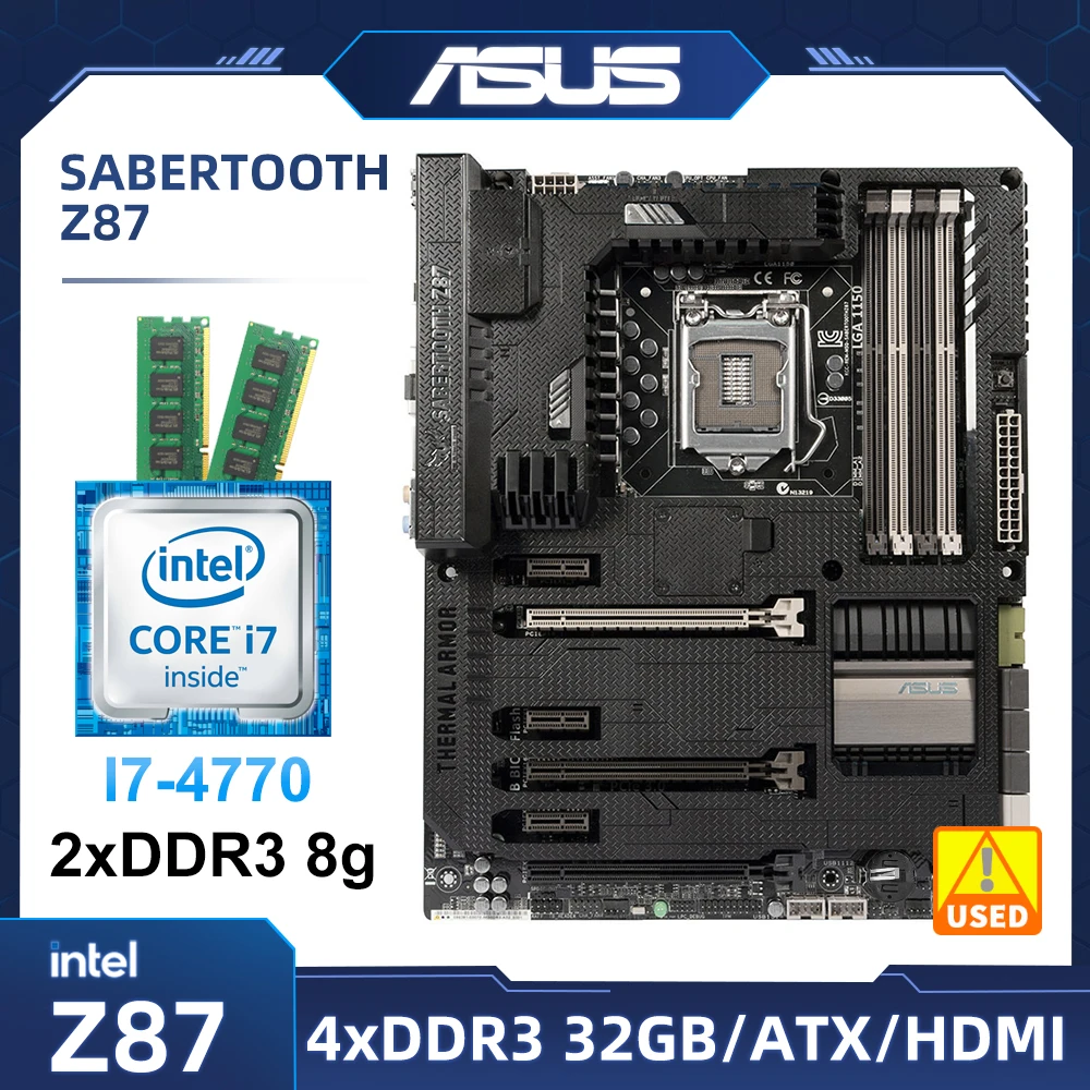 Материнская плата LGA 1150, комплект Asus SABERTOOTH Z87 с i7-4770cpu + DDR3 8 Гб * 2 ОЗУ Intel Z87 32 Гб USB3.0 PCI-E 3,0 SATA III ATX