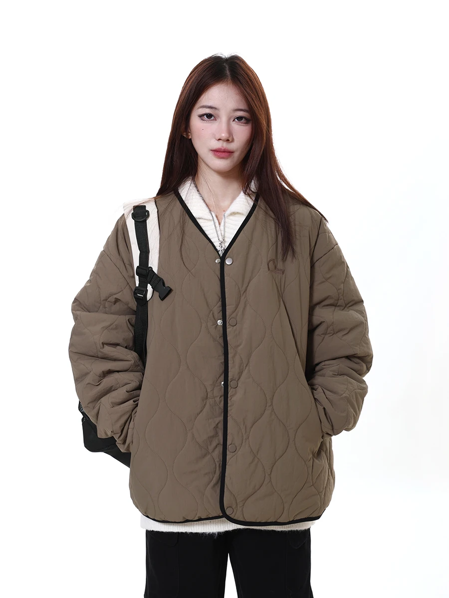 Arku American Sle Navy Blue Rhombus Quilted Warm Cotton-Padded Clothes for Women Winter Loose Design Collarless Cotto...