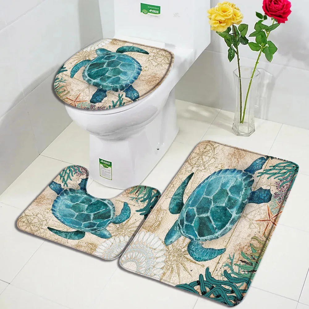 

Набор ковриков для ванной с морской черепашкой, фланелевый нескользящий напольный ковер в стиле ретро, с картой морской жизни, U-Pad, крышка для туалета