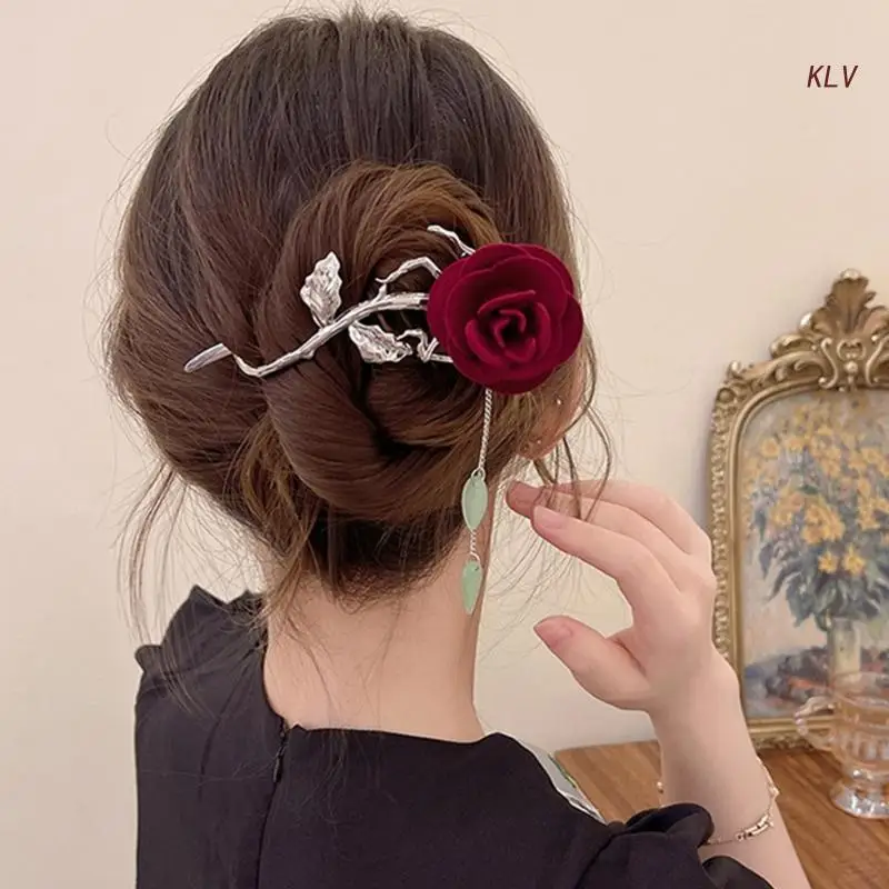 

Красная Флокированная заколка для волос в форме розы для невесты свадьбы вечеринки дня рождения горячие девушки подростковые Нескользящие флокирующие розы шпилька для волос