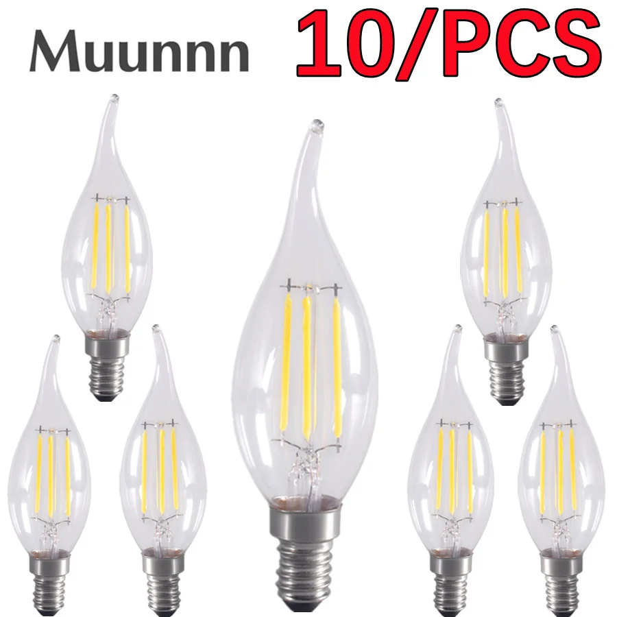 

Muunnn 10/PCS LED AC 220V Candle Bulb E14 2W 4W 6W Retro antique Glass Edison Lamp Vintage C35 Filament Light 360 Degree