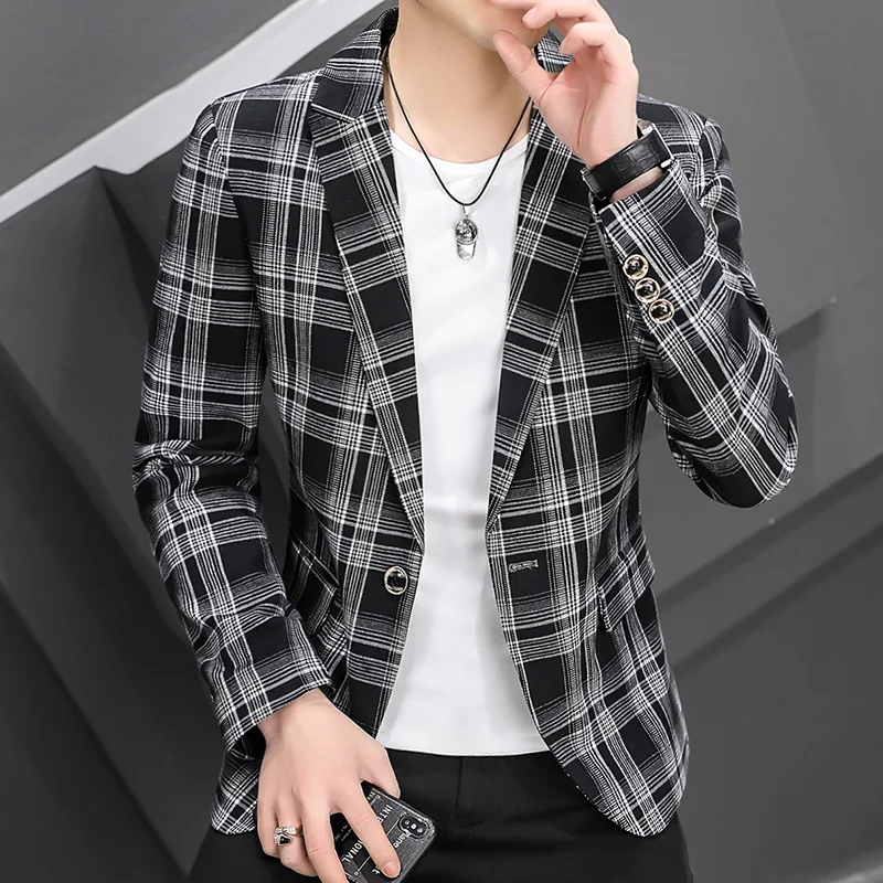 

2022 Classic Plaid Men Blazers Single Buckle Casual Business Suit Jacket Slim Fit Street Wear Social Dress Coat Blazer Masculino
