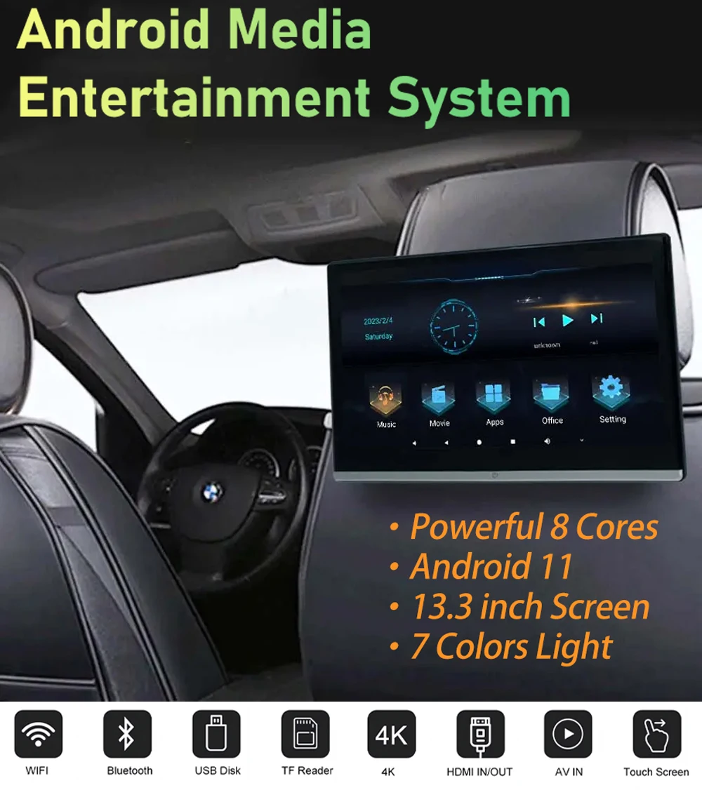 

Car Headrest Monitor 13.3" IPS Screen Android 11 HD1080P 4K WIFI/USB/TF/BT RAM 2GB ROM3 2GB Mirroring/Miracast APP Download
