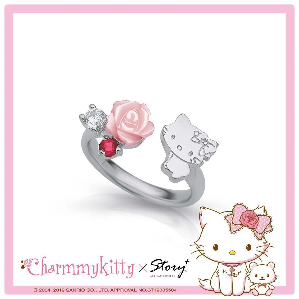 

Hello Kitty Rose Electroplated 925 Sterling Silver Ring Female Cartoon Animation Open Adjustable Ring Women's Jewelry